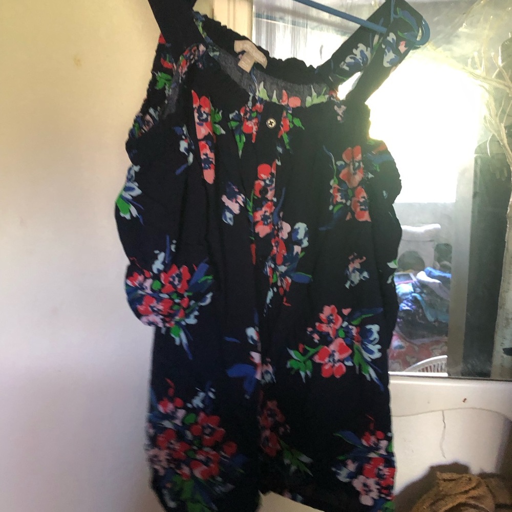 Woman Within Floral Blouse - Navy and Red